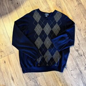 Brooks Brothers Argyle Italian Merino Wool Sweater Men's Sz Large V-Neck Preppy